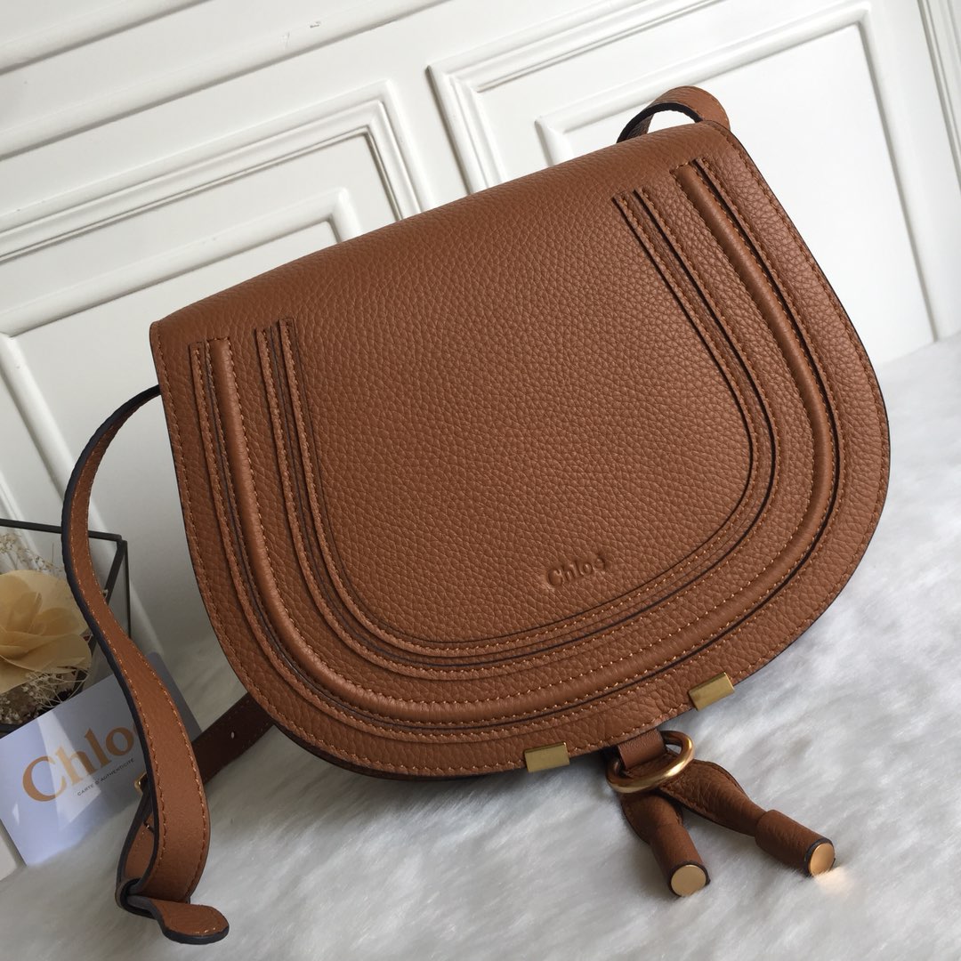 Chloe Marcie Saddle Shoulder Bag In Brown Grained Leather